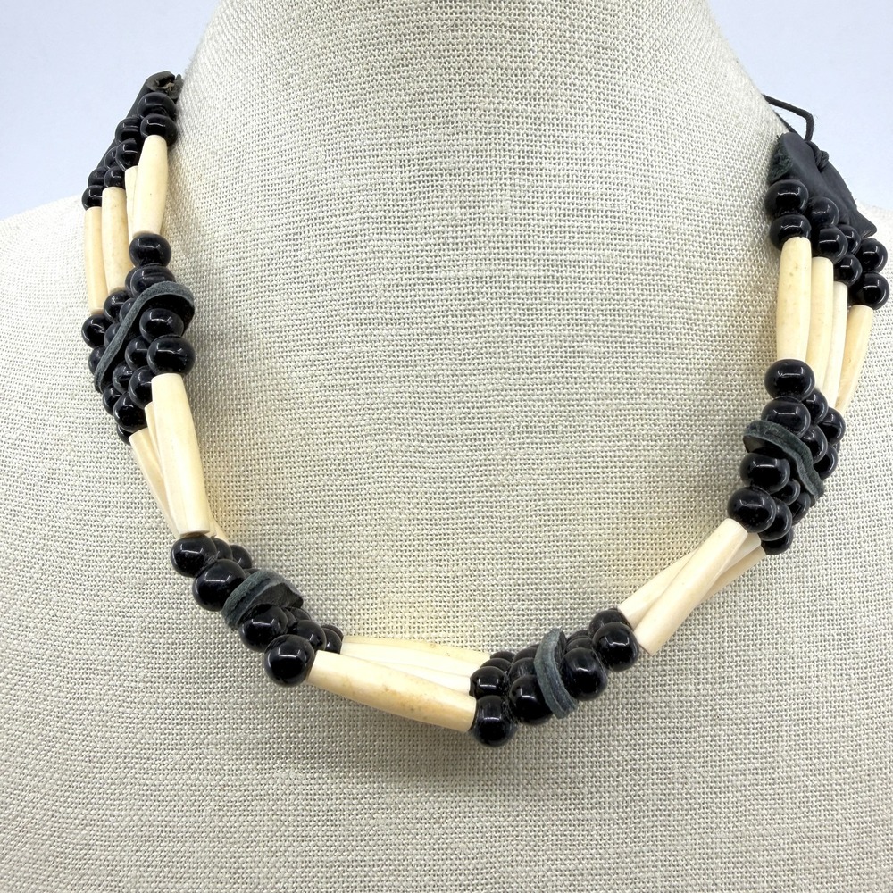 Native American Inspired Multi Strand Black Bead and Bone Tube Choker Necklace
